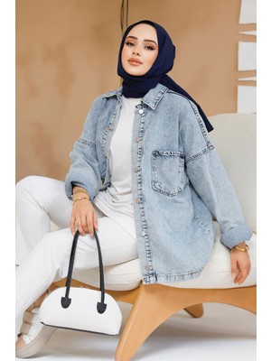 Buz Mavisi Tesettür Kot Ceket 16699BM
