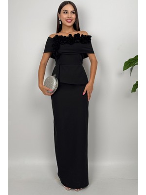 Vivenza Gül Detaylı Omuz Açık Kayık Yaka Uzun Siyah Abiye Elbise, Nişan ve Düğün Zarafeti