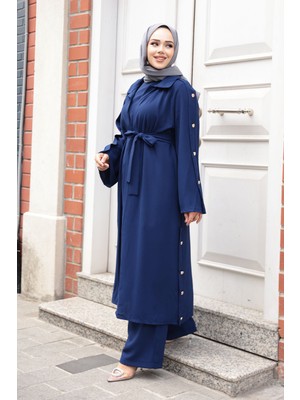 Düğme Detaylı Lacivert Tesettür Üçlü Takım 7677L