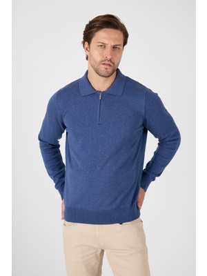 Açık Mavi Saf %100 Pamuk Erkek Yarım Fermuarlı Polo Yaka Triko Kazak