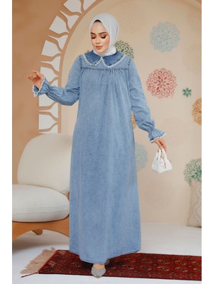 Bebe Yaka Kot Mavi Tesettür Elbise 19123M
