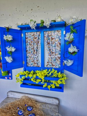 Nsn Ahşap Dünyası Mavi Ahşap Panjurlu Pencere, Balkon Bahçe Duvar Dekorasyonu,el Boyaması, Perdesi Dahil