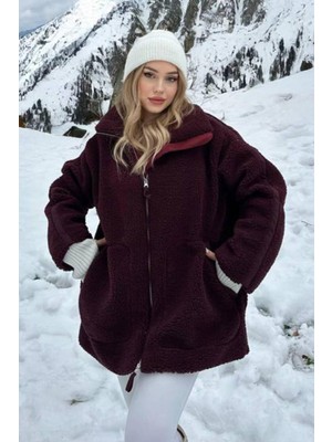 Madmext Kadın Bordo Peluş Mont Uzun Kol Fermuarlı Cepli Günlük Kullanım İçin