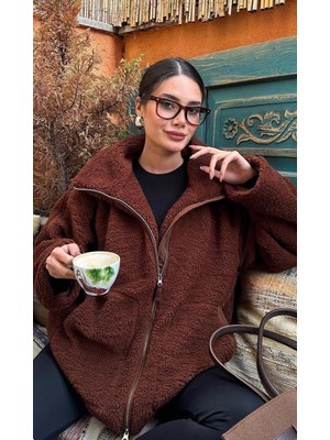 Acı Kahverengi Dik Yakalı Cepli Peluş Mont MG1966