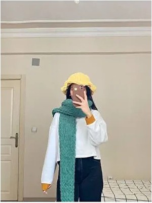 Moda Biçer El Örgüsü Puffy Atkı Şal Çam Yeşil Erkekler İçin Sezonluk Şık Tasarım