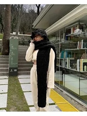 Moda Biçer Peluş Örgü Atkı Şal Siyah