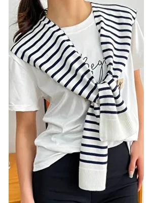 Moibody Kadın Akrilik Triko Örme Ofis ve Moda Omuz Şalı Beyaz Çizgili ve Düz