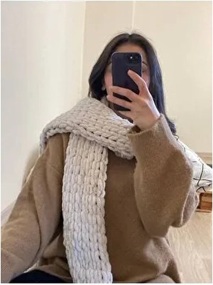Kadınlar İçin Moda Biçer Bej Peluş Örgü Atkı Yeni Trend Sezon Aksesuarı