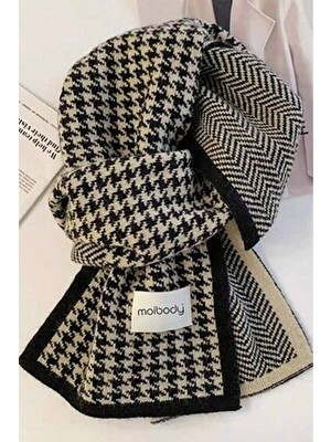 Moibody Kaz Ayağı ve Balık Sırtı Desenli Kalın Triko Örgü Fular Atkı Siyah