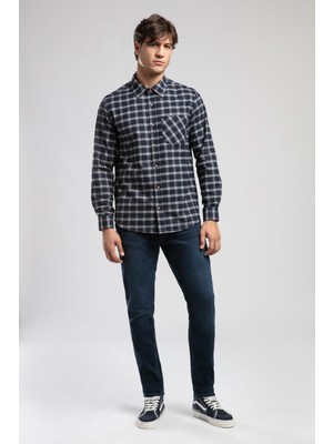 Shaw Erkek Dokuma Gömlek Gri-Lacivert Kareli