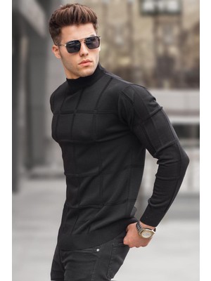 Madmext Siyah Balıkçı Yaka Triko Kazak Erkek Fitted Kesim Geometrik Desenli