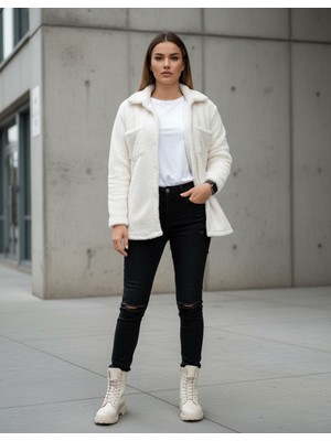 Kadın Slimfit Peluş, Polar, Düğmeli, Teddy Gömlek Yaka, Cepli, Sıcak Tutucu Yumuşak Kışlık Ceket