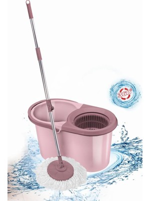 F139 Balerina Otomatik Sıkma Temizlik Seti, Döner Başlıklı Mikrofiber Temizlik Mop Seti Pembe