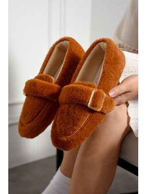 Slipcat Yumuşak Peluş Kadın Ev Babeti Taba Renkli Hafif Tabanlı Ses Yapmaz Tokalı Panduf