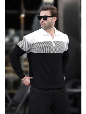 Madmext Siyah Renk Bloklu Kazak Erkekler İçin Fermuar Yaka Orta Kalınlıkta