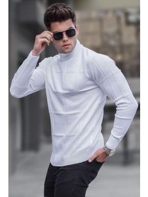 Madmext Ekru Triko Kazak Yarım Balıkçı Yaka Erkekler İçin Trend Tasarım Uzun Kol