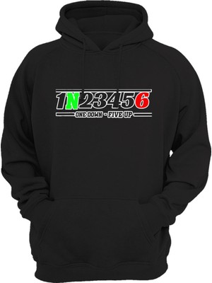Motorcu Motorsiklet Vites Geçişleri 1N23456 Baskılı 3 Iplik Kalın Şardonlu Kanguru Cepli Sweatshirt