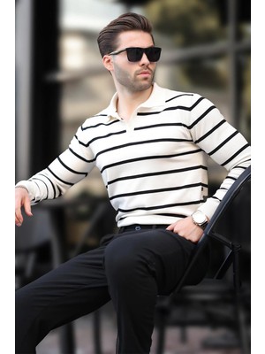 Madmext Kadın Uzun Kollu Beyaz Düğmeli Polo Yaka Çizgili Kazak Günlük Tarz 7263