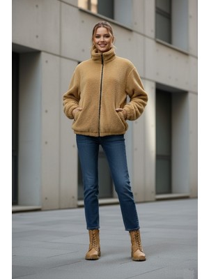 Kadın Oversize Peluş, Polar, Fermuarlı, Teddy Dik Yaka, Sıcak Tutucu Yumuşak Kışlık Ceket