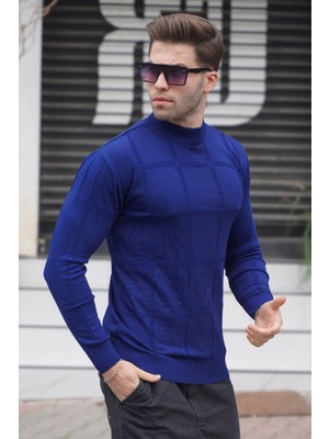 Madmext Erkek Indigo Rengi Yarım Balıkçı Yaka Triko Kazak 5784 Trend Geometrik Desenli