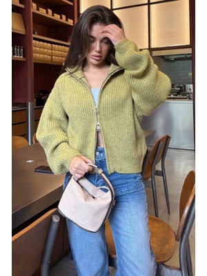Yeşil Çift Fermuarlı Kadın Triko Hırka MG2532