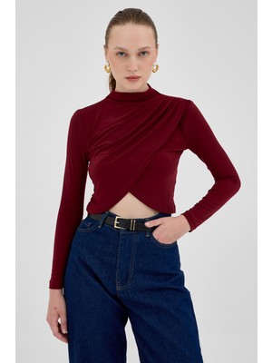 Bordo Drapeli Yüksek Yaka Uzun Kollu Bluz 2379