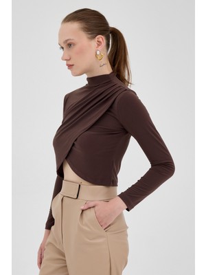 Vizon Drapeli Yüksek Yaka Uzun Kollu Bluz 2379