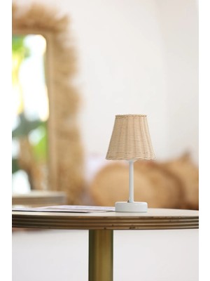 Rattan & Bambu Kablosuz Pilli Abajur Masa Lambası - Alt Uzun Beyaz