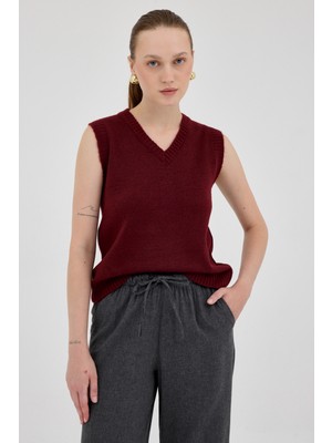 Bordo Oversize V Yaka Kadın Süveter 2292