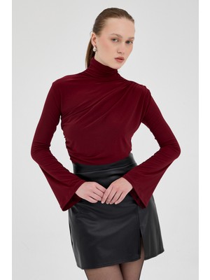 Bordo Balıkçı Yaka Drapeli Bluz 2517