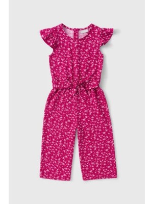 Lupinn Kız Çocuk Fuşya Fırfır Kollu Kuşaklı Tulum Pamuk - Polyester Günlük Rahat Kullanım için Çiçek Desenli