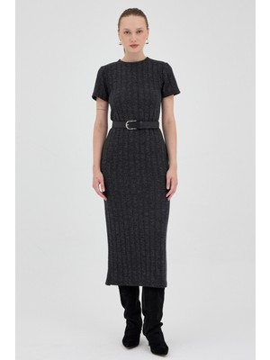 Siyah Fitilli Midi Triko Elbise 8131A