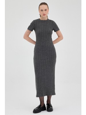Rays Antrasit Kısa Kol Fitilli Dar Elbise 8131A