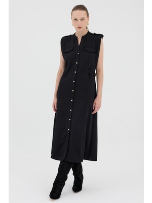 Siyah Gold Düğme Detaylı Midi Elbise 8125A