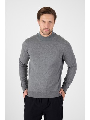 Gri Saf %100 Pamuk Erkek Yarım Balıkçı Yaka Triko Kazak