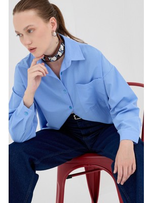 Mavi Tek Cepli Oversize Gömlek 8158A