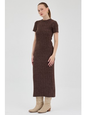 Acı Kahve Fitilli Midi Triko Elbise 8131A
