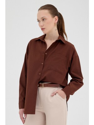 Kahve Tek Cepli Oversize Gömlek 8158A