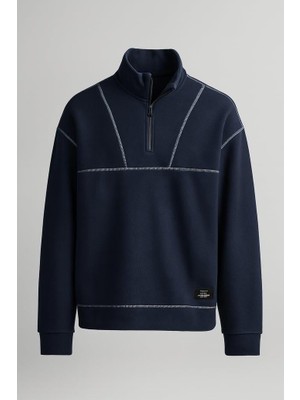 Crowe Çizgi Şeritli Oversize Yarım Fermuar Polar Erkek Sweatshirt - Lacivert