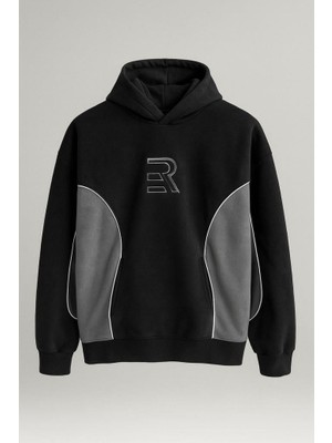 Frank Parçalı Kontrast Desenli Kapüşonlu Oversize Cepli Polar Erkek Sweatshirt - Siyah