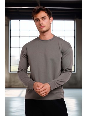 Wenders Relax Fit Basic Fırçalı Interlok Bisiklet Yaka Erkek Sweatshirt - Avcı Yeşili