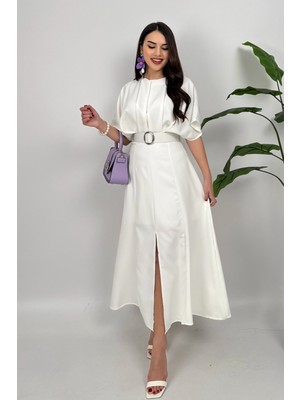 Alora Kadın Kemer Detaylı Şık Beyaz Elbise – Özel Günler Için Zarafet