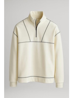 Crowe Çizgi Şeritli Oversize Yarım Fermuar Polar Erkek Sweatshirt - Ekru