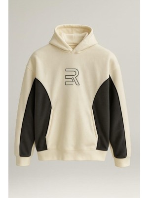 Frank Parçalı Kontrast Desenli Kapüşonlu Oversize Cepli Polar Erkek Sweatshirt - Ekru