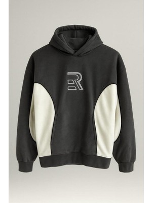 Frank Parçalı Kontrast Desenli Kapüşonlu Oversize Cepli Polar Erkek Sweatshirt - Füme