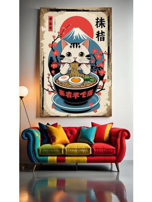 Özkacar Group Noodle Yiyen Kedi Vı Ev Duvar Salon Güzellik Salonu Ofis Dükkan Dekarasyon Kanvas Tablo