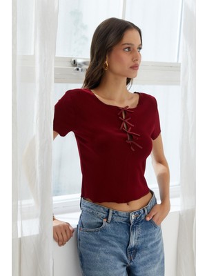Önü Kurdele Detaylı Crop Bluz Bordo