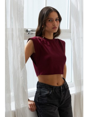 Omzu Vatkalı Crop Bluz Bordo