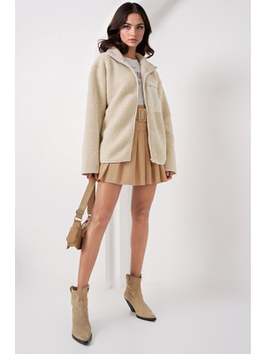 Hiccup Kadın BDART Cep Detaylı Oversize Peluş Ceket Krem Doğal