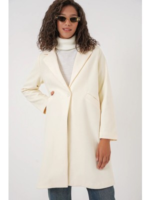 Hiccup Kadın BDART Düğmeli Cepli Uzun Kaşe Kaban Tozlu Beyaz